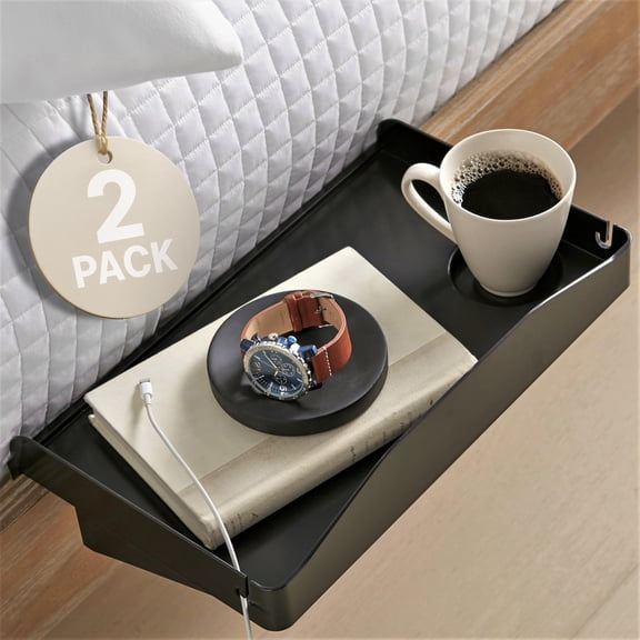 2 Count Bedside Organizer for Bed – Clip On Tray with Cup & Cord Holder – For College Dorm, Top Bunk, or Kids Bedroom (Black)