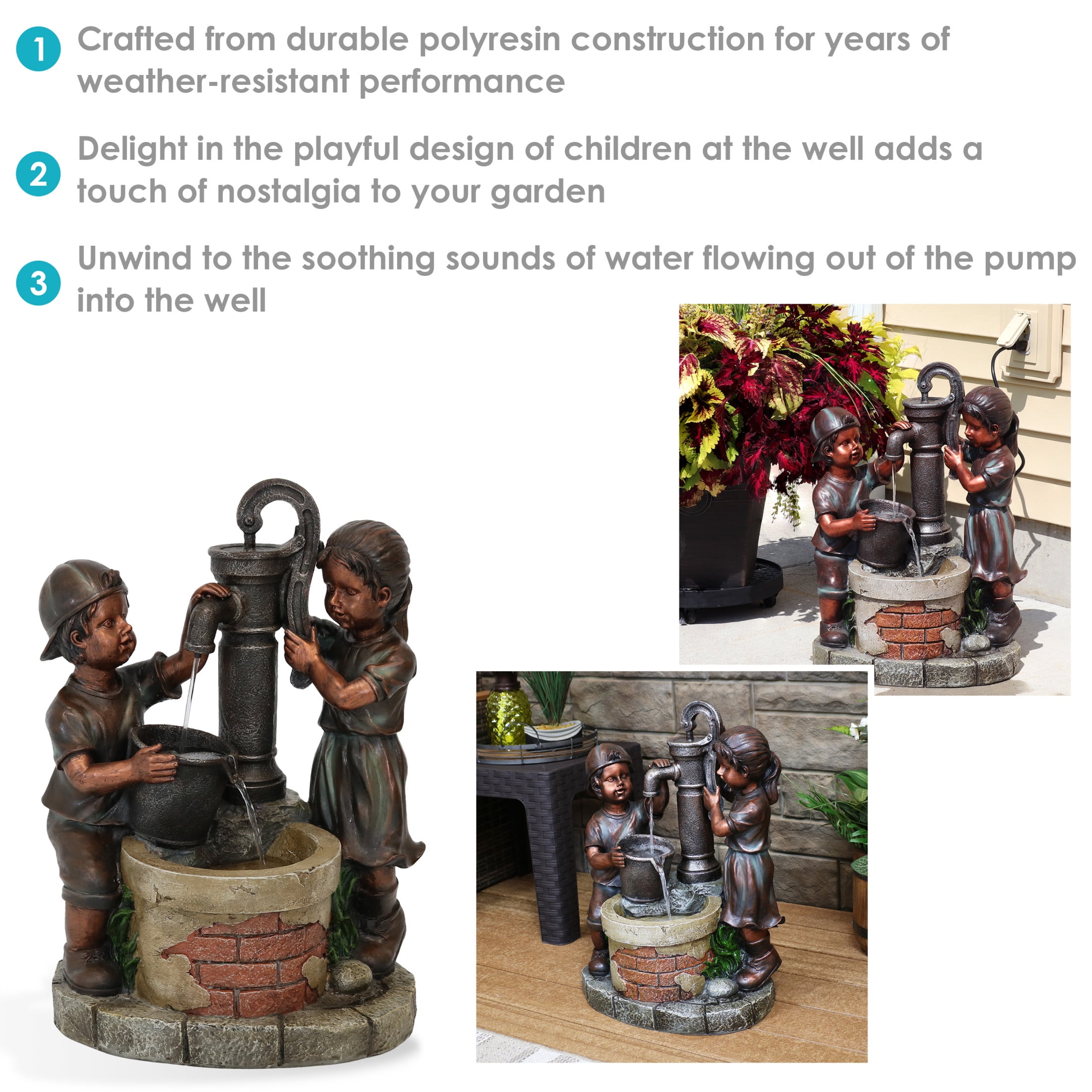 Sunnydaze Jack and Jill at Farmhouse Pump Polyresin Outdoor Water Fountain
