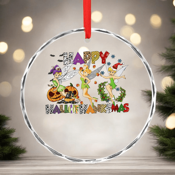 Tinker Bell Happy Hallothanksmas Ornament CIRCLE GLASS ORNAMENT Home Decor