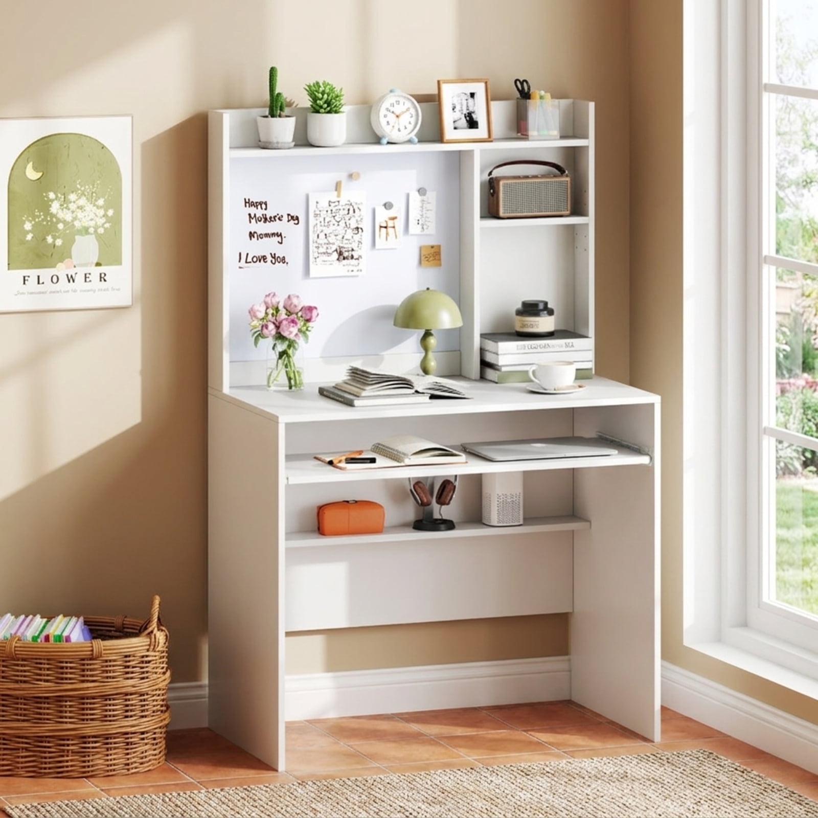 Furnibear Compact Computer Desk with Hutch Office Workstation with Magnetic Whiteboard Pull Out Keyboard Tray and Adjustable Shelf for Bedroom, White