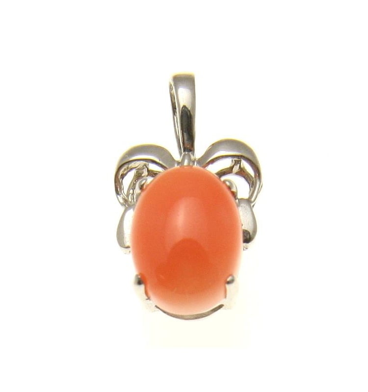Geniune natural pink coral pendant set in solid 14k white gold 8.2mm by