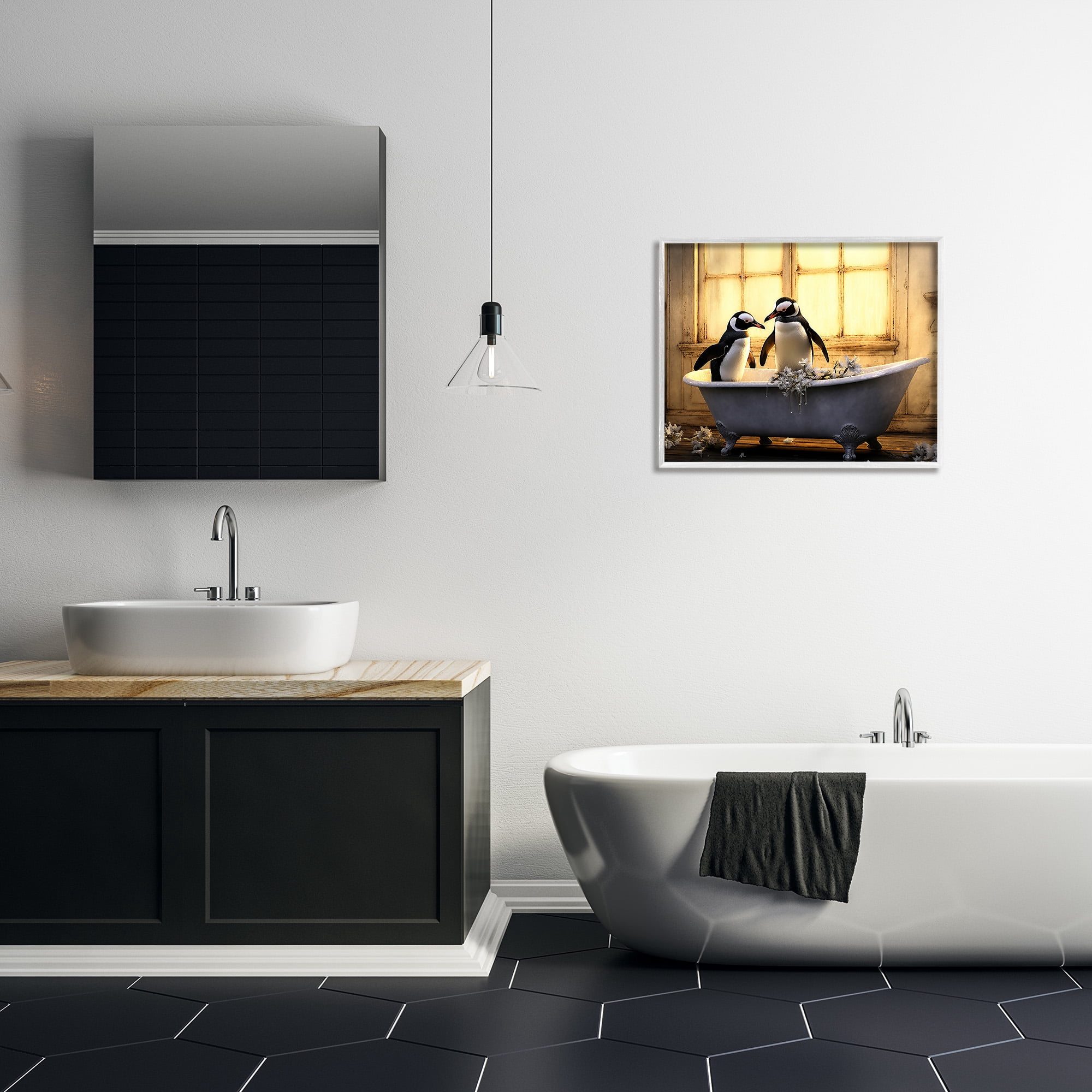 Stupell Industries Penguins in Sunlit Bath Animals & Insects Painting White Framed Art Print Wall Art, 30 x 24