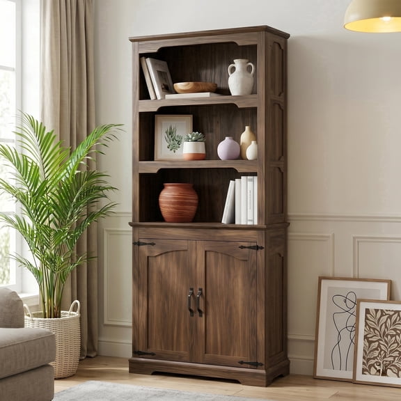 70" 5-Tier Tall Farmhouse Bookcases with Cabinet,  Open Bookcase Storage Pantry for Living Room, Kitchen