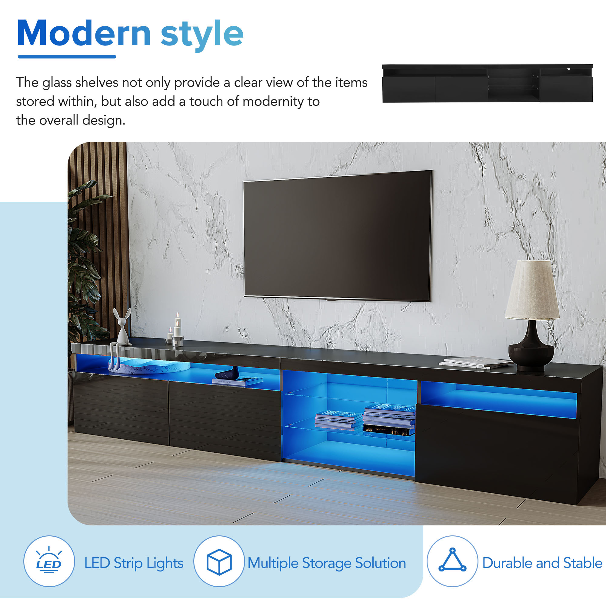 EUROCO 94.5" Longer TV Stand for TVs Up to 100", Versatile Entertainment Center Media Console Table with LED Color Changing Lights 2 Glass Shelves,with Ample Storage Space, Black