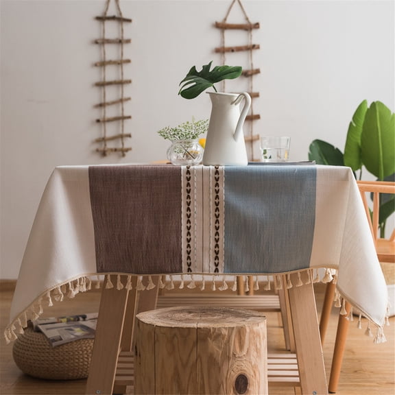 Stitching Tassel Rectangular Tablecloth Heavy Weight Cotton Linen Table Cover for Dining Room Kitchen Home Tabletop Decoration, 55 x 70 Inch, Blue & Brown