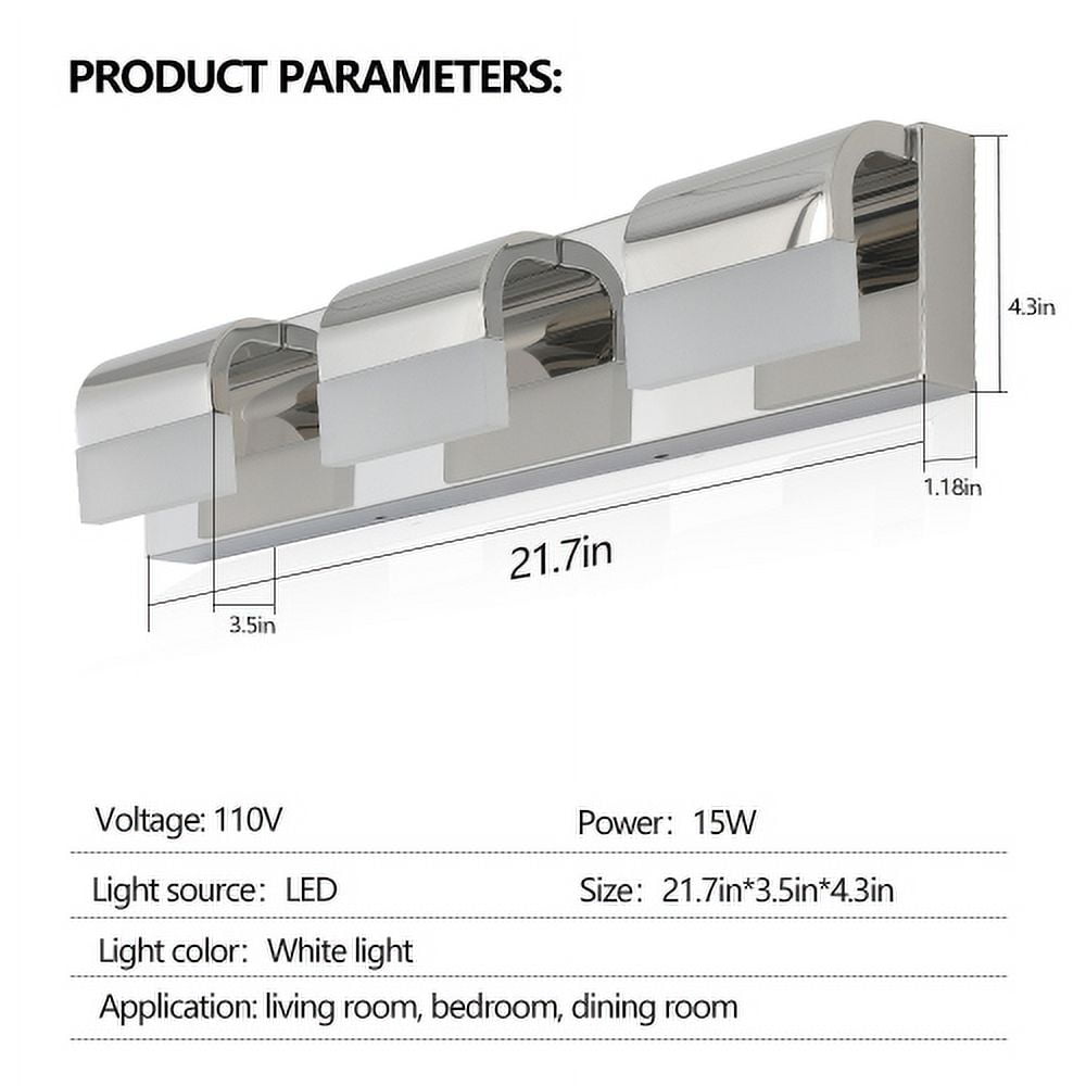 Hi-LIGHTS,3-Light Modern Bathroom LED Vanity Light With Acrylic Lampshade,Bathroom Wall Lighting for Bathroom,Dressing Room,Bedroom,Living Room(Chrome)