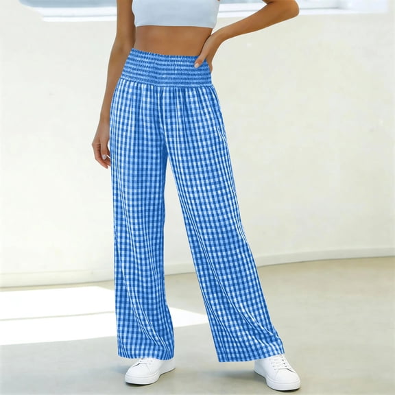 KIHOUT Women Plaid Wide Leg Pants High Waisted Loose Fit Casual Trousers with Pockets Drawstring Elastic Waistband Comfy Lounge Pants for Daily