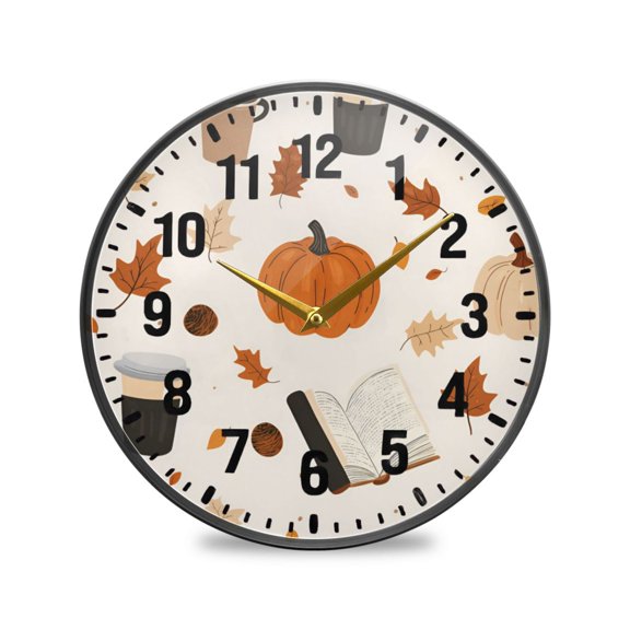 Yayeee Wall Clock Battery Operated 9.5" Silent Quartz Non-Ticking for Living Room Decor, Hand Drawn Pumpkin