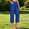thumbnail image 6 of Nhthy Women's High Waist Linen Blend 7/8 Capri Pants, Elastic Waist Button Detail, Loose Comfort Fit Casual Cropped Trousers for Summer Beach Daily Blue M, 6 of 7