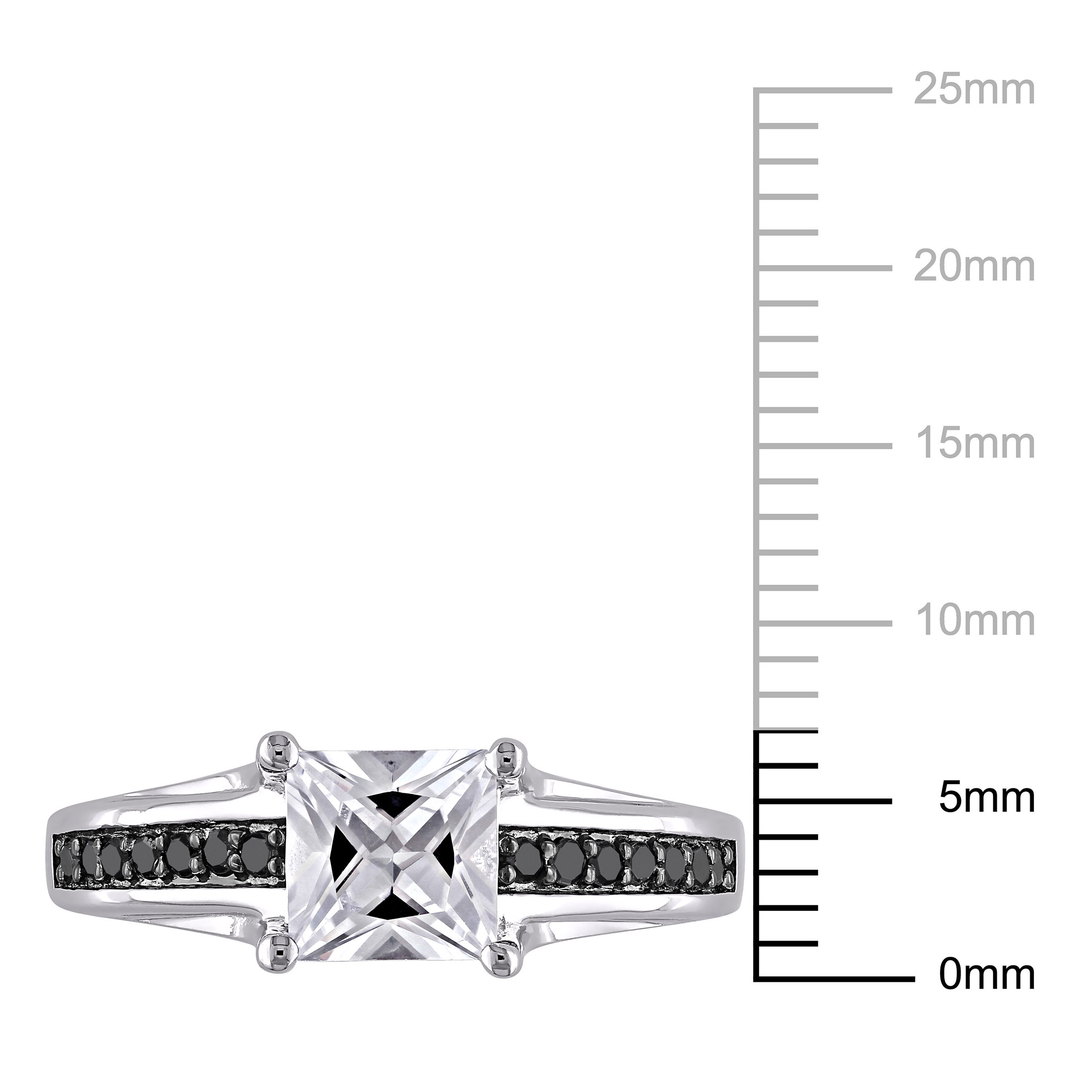Everly Women's Engagement Anniversary Bridal 1 1/3CT Square-Cut Created White Sapphire 1/7 CT Black Diamond Sterling Silver Solitaire Ring with 4 Prong/Claw/Pave Setting and Diamonds on Band - image 3 of 7