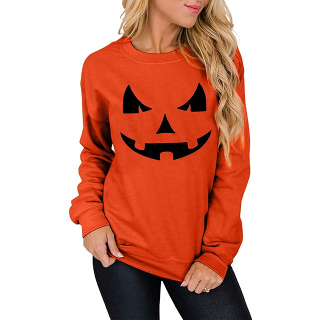 Chandails en Molleton Visage de Citrouille Halloween Femmes Mignon Pull Graphique Citrouille Décontracté Manches Longues Automne