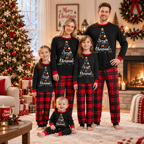 Teens Christmas Pajama Set, Family Matching Christmas PJs Long Sleeve Top & Plaid Pants for Holiday Photos