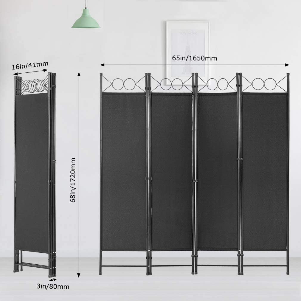 FDW 4 Panel Room Divider 6 ft Steel for Home Office Bedroom, Black