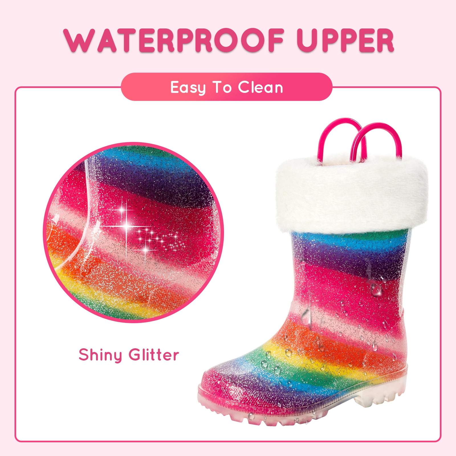 Kids Toddler Light up Rain Boots for Girls Winter Warm Glitter Boots with Removable Lining, Rainbow, Size 2