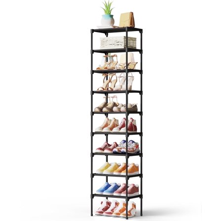 Kitsure 9-Tier Stackable Shoe Rack, 17in Diy Shoe Organizer with Non-Woven Fabric for Entryway, Black Shelf