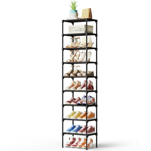 Kitsure 9-Tier Stackable Shoe Rack, 17in Diy Shoe Organizer with Non-Woven Fabric for Entryway, Black Shelf