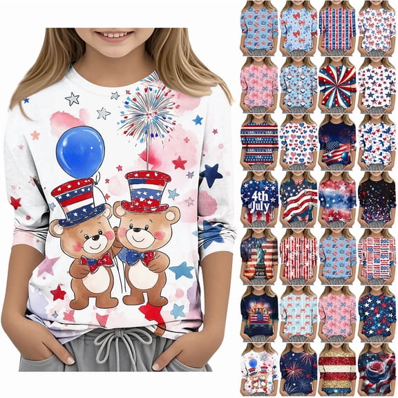 MKOSPLRT 3-12 Years 4th of July Kids Shirts Boys Girls 3/4 Sleeve Crew Neck Independence Day Tshirts Funny American Flag Shirts