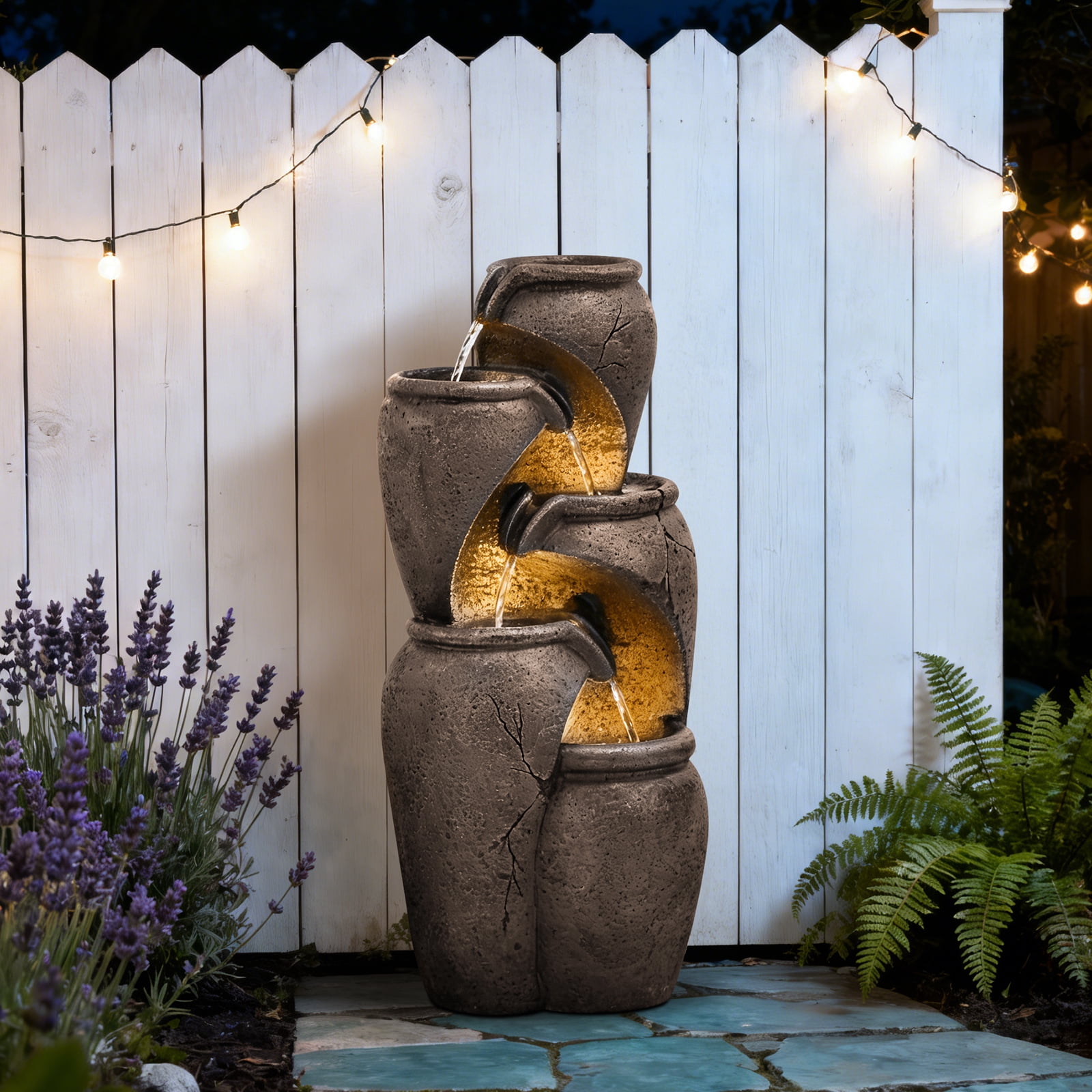 28" Outdoor Garden Water Fountain for Patio, Backyard, Deck, Porch and Home Decor, 4 Tiers Cascading Clay Pot Fountain with Lights & Pump