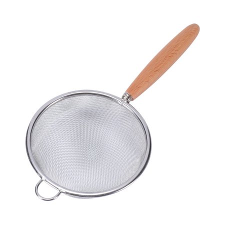 

Stainless Steel Mesh Colander with Wooden Handle Hanging Hole for Kitchen Supplies