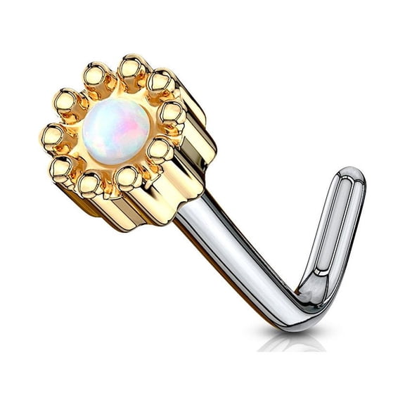 MoBody 20G Created-Opal Centered Top L-Shaped Nose Screw Stud Set 20G Surgical Stainless Steel Top Body Piercing (Gold Tone/White Opal)