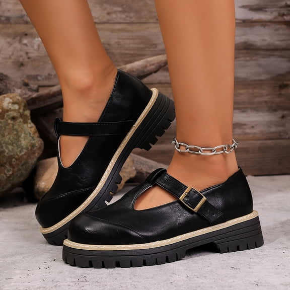 Wowcloth Women's Platform Leather Shoes with Round Toe and Buckle Detail – British Inspired Versatile Fashion for Plus Size Spring and Autumn Wear