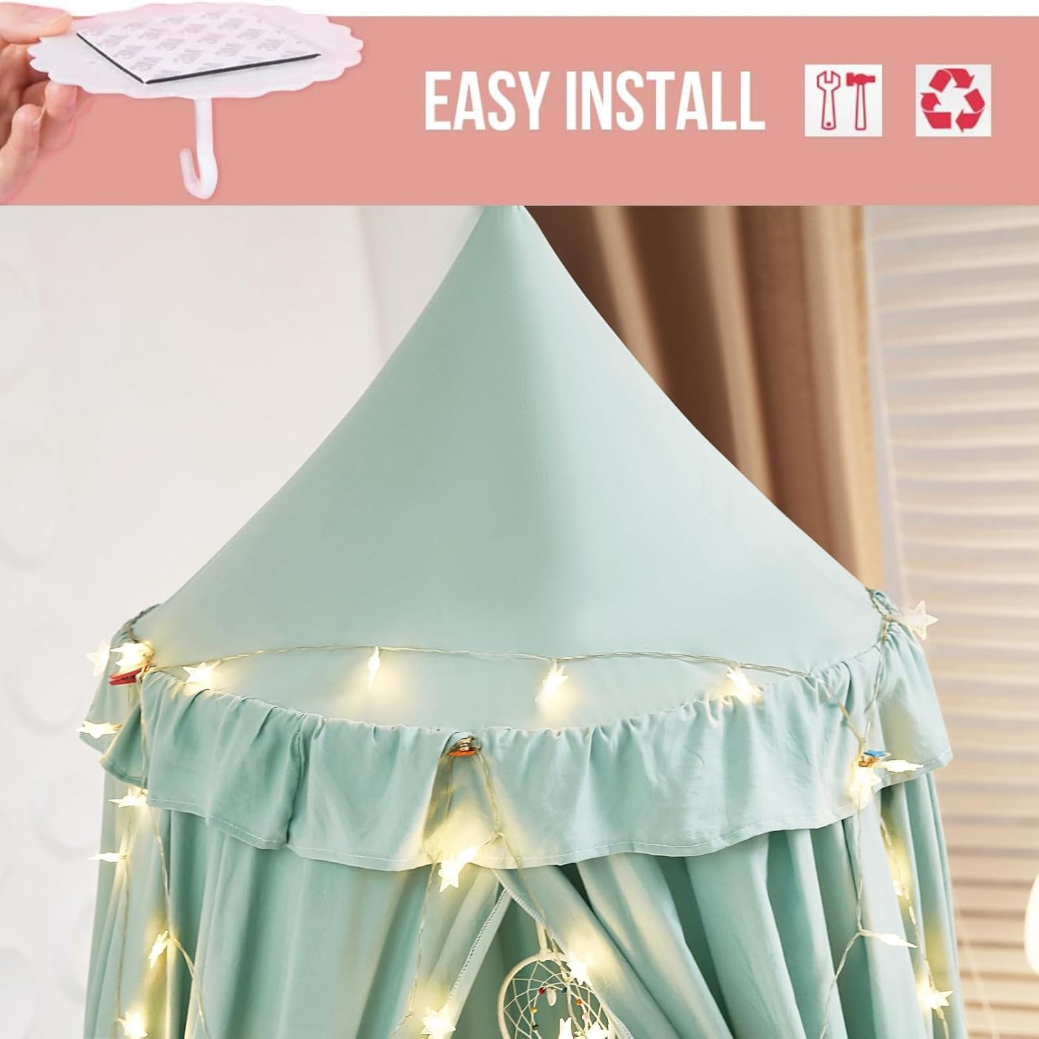 Decor Canopy for Kids Bed, Soft Smooth Playing Tent Canopy Girls Room Decoration Princess Castle, Dreamy Mosquito Net Bedding, Children Reading Nook Canopies in Home (Green)