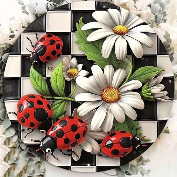 HELLOYOUNG Welcome Sign Aluminum Metal, Round Waterproof Door Hanger Wall Art with Ladybug Daisy Design, Rustic Home Decor Outdoor
