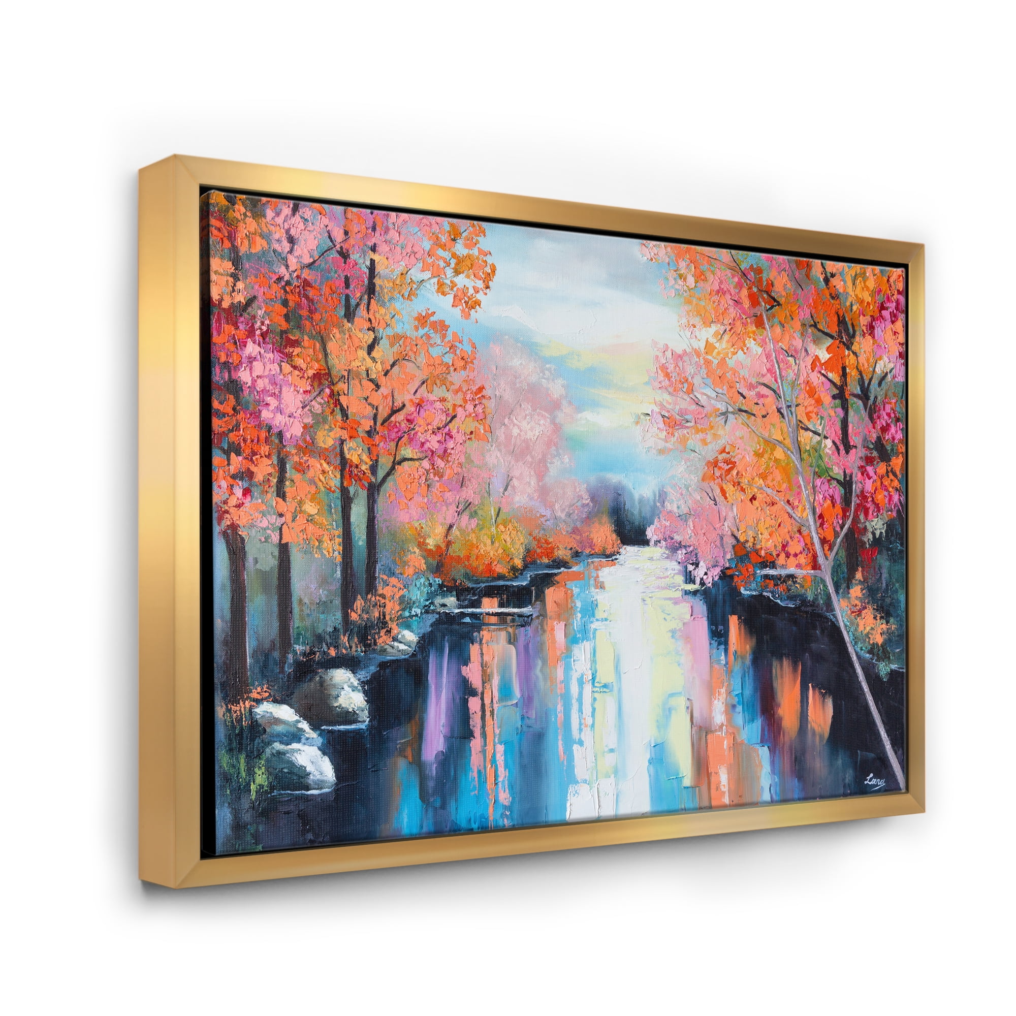 Designart 'The River Through Orange Autumn Forest' Lake House Framed Canvas Wall Art Print