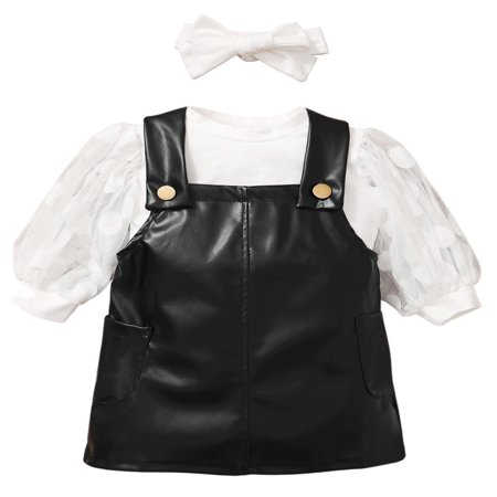 Nokpsedcb 3PCS Toddler Infant Baby Kids Girls Long Bubble Sleeve Round Neck Tops Leather Pockets Skirt White 4-5 Years