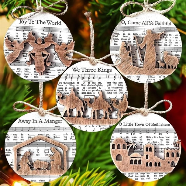 Adorno de belén con partituras musicales, adornos de belén con partituras musicales, adorno colgante de madera para belén, regalos religiosos cristianos de Pascua para belén, regalos religiosos (5 pie