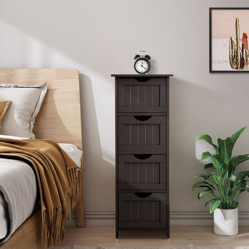 Bonnlo Bathroom Organizer and Storage Espresso Wooden Side Bathroom Cabinet with 4 Drawers Free Standing Cabinet for Bathroom Bedroom Living Room Hallway Office