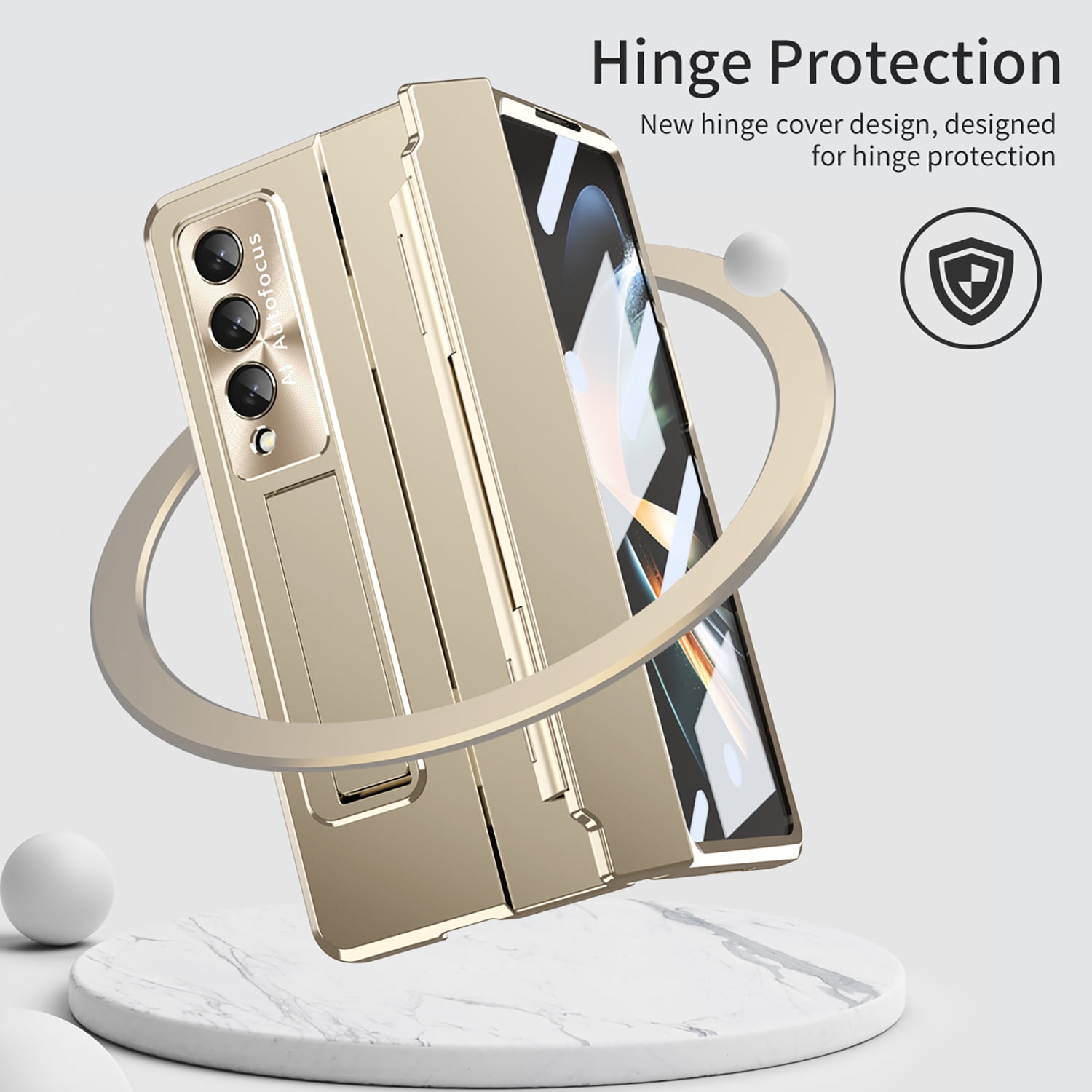 for Samsung Galaxy Z Fold 4 Case Magnetic Hinge Protection Built-in S Pen Holder with Front Glass Kickstand All-Inclusive PC Shockproof Case Wireless Charging for Samsung Z Fold 4 5G 2022, Gold