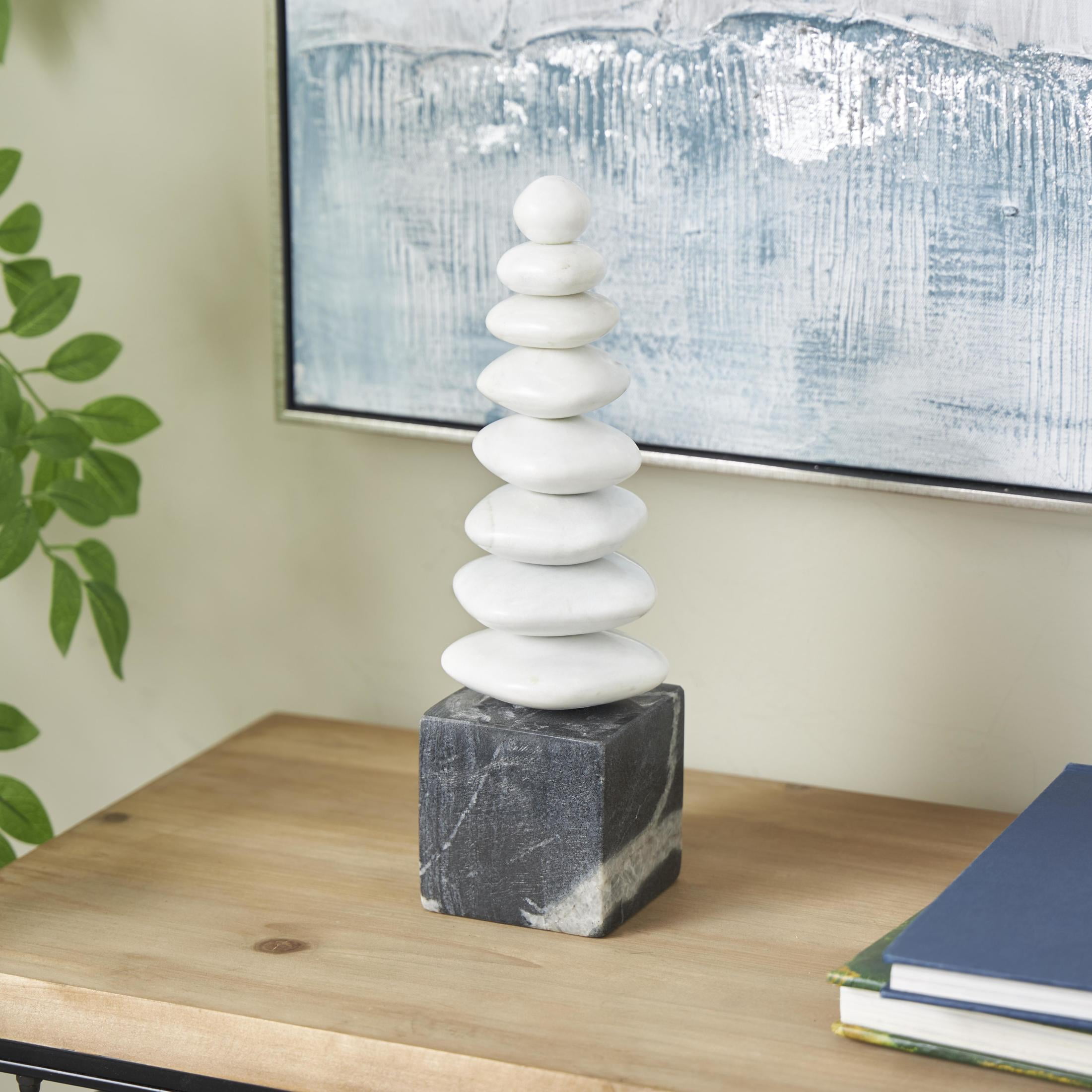 3" x 12" White Marble Stacked Stone Abstract Sculpture with Black Block Base, by DecMode