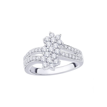 Diamond Cluster Floral Ring in Sterling Silver (3/4 cttw) (I-Color SI3/I1-Clarity) (Size-8)
