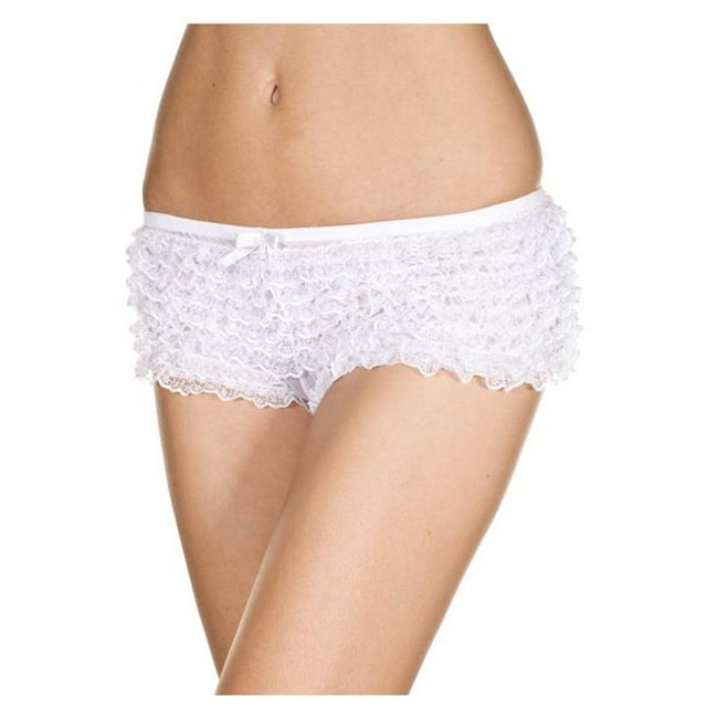 Music Legs 115-WHITE Micro Mesh Lace Ruffle Trim Tanga Short - White
