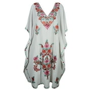 Mogul Womens Maxi Caftan Floral Embroidered Lounger Kashmiri Cover Up White Dresses Evening Gown
