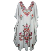 Mogul Womens Maxi Caftan Floral Embroidered Lounger Kashmiri Cover Up White Dresses Evening Gown