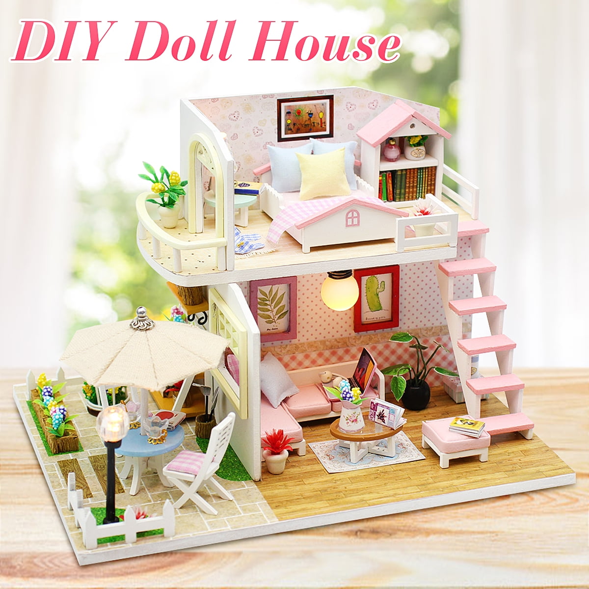 Kids Pink Wooden Furniture Dolls House Miniature Room Set Doll Toys For Gift DIY 