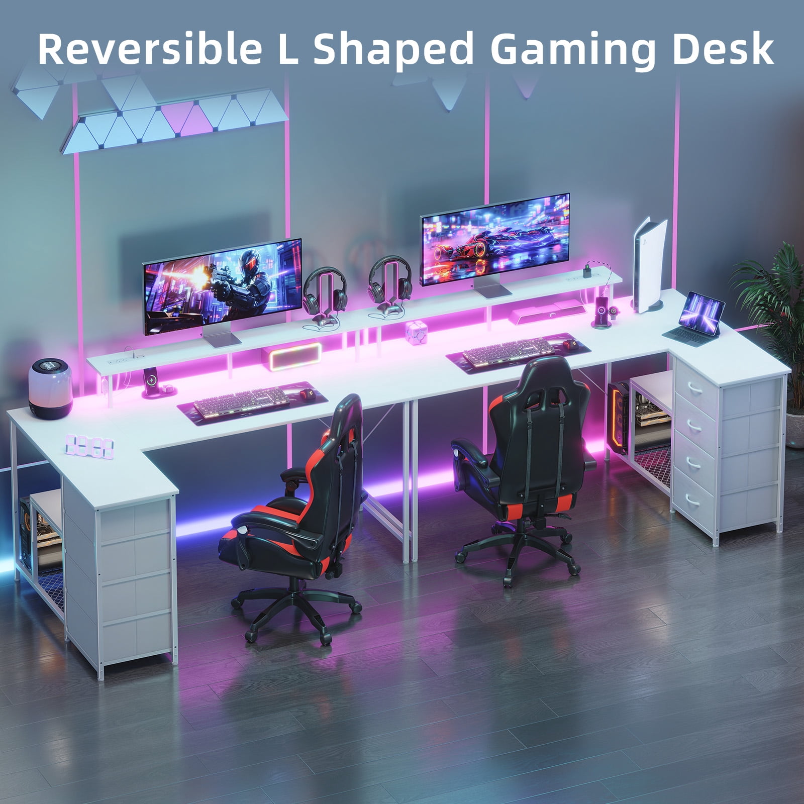 Eunos 61 inch L Shaped Gaming Desk with Power Outlets & LED Light, Computer Desk with 4 Tiers Drawers for Home Office, White