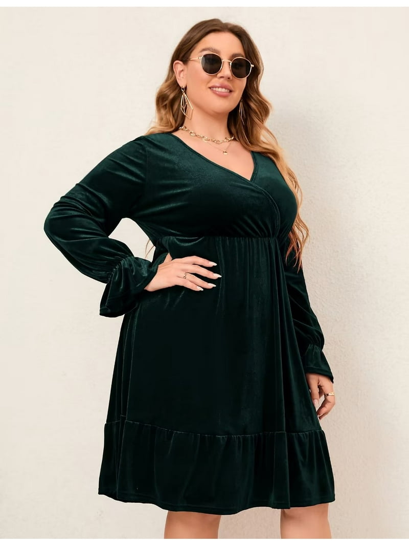 Women's Plus Size V Neck Velvet Dress, Solid Simple Loose Midi Swing Dresses, Dark Green - Walmart.com Women's Plus Size V Neck Velvet Dress, Solid Simple Loose Midi Swing Dresses, Dark Green - Walmart.com