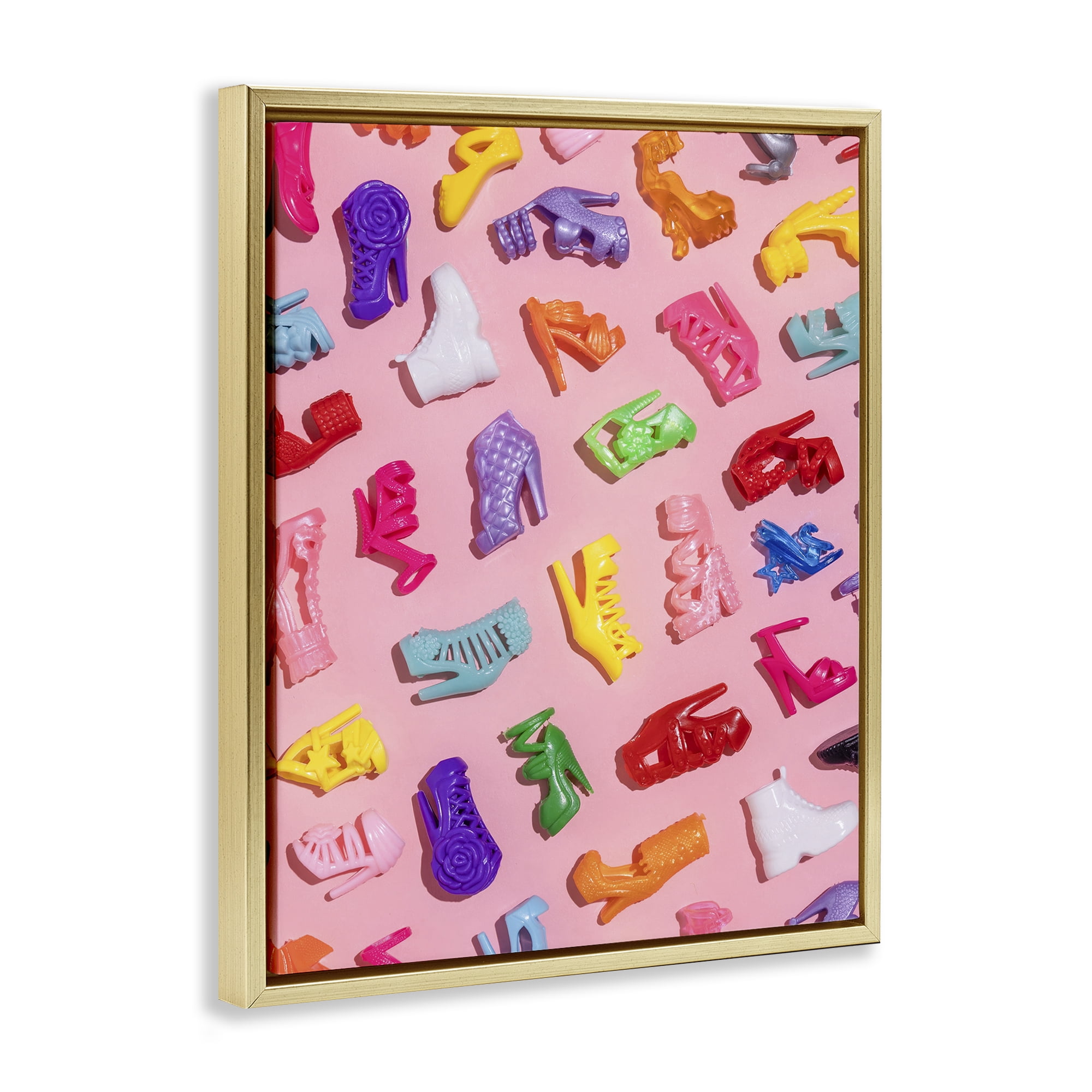 Stupell Industries Tiny Colorful Doll Shoes Gold Framed Floater Canvas Wall Art, design by LISH Creative