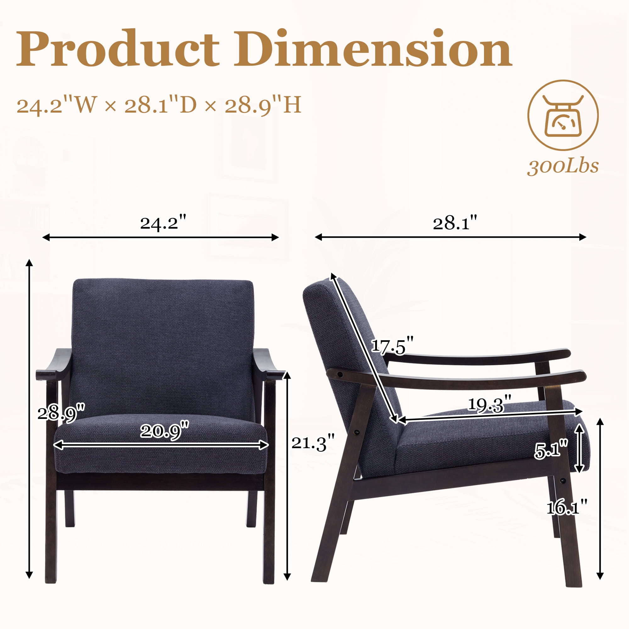 MOONMISS Accent Chair, Upholstered Comfy Single Sofa with Wood Feet, Mid Century Armchair for Bedroom, Living Room, Modern Comfy Reading Chair,Gray
