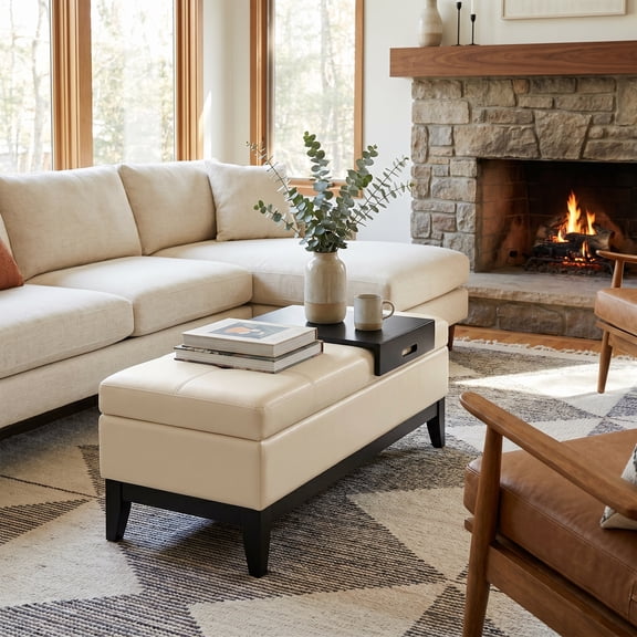 Oregon 42"W Rectangle Storage OttomanBench with Tray in Satin Cream Faux Leather
