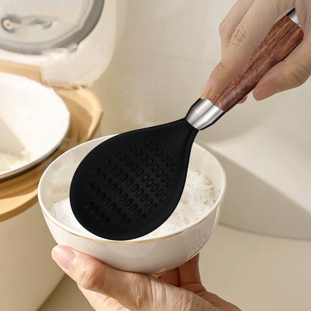 Vrorvz 316 Stainless Steel Rice Spoon with Wooden Handle Ergonomic Design for Easy Grip Versatile for Serving Rice Soups Stews Dishwasher Safe Kitchenware Accessory
