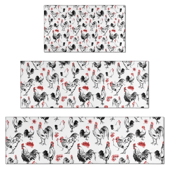Red Flower Chicken Pattern Kitchen Rugs Sets Of 3,Kitchen Runner Rugs Non Skid Washable,Decorative Kitchen Floor Mats for Kitchen,Sink,Laundry,17"x30"  17"x47"   17"x59"
