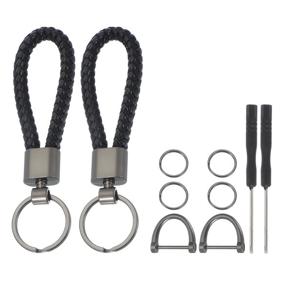 Uxcell Car Key Chain, Handmade Braided Leather Keychain Metal Keys Holder with 2 Rings and Screwdriver for Men and Women (Black, Pack of 2)