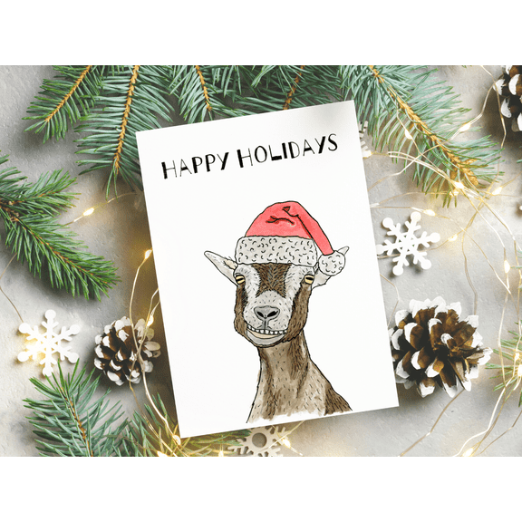 Festive Goat Holiday Card – “Happy Holidays” Message with Adorable Goat Illustration – Blank Inside – Perfect for Christmas Greetings and Seasonal Wishes