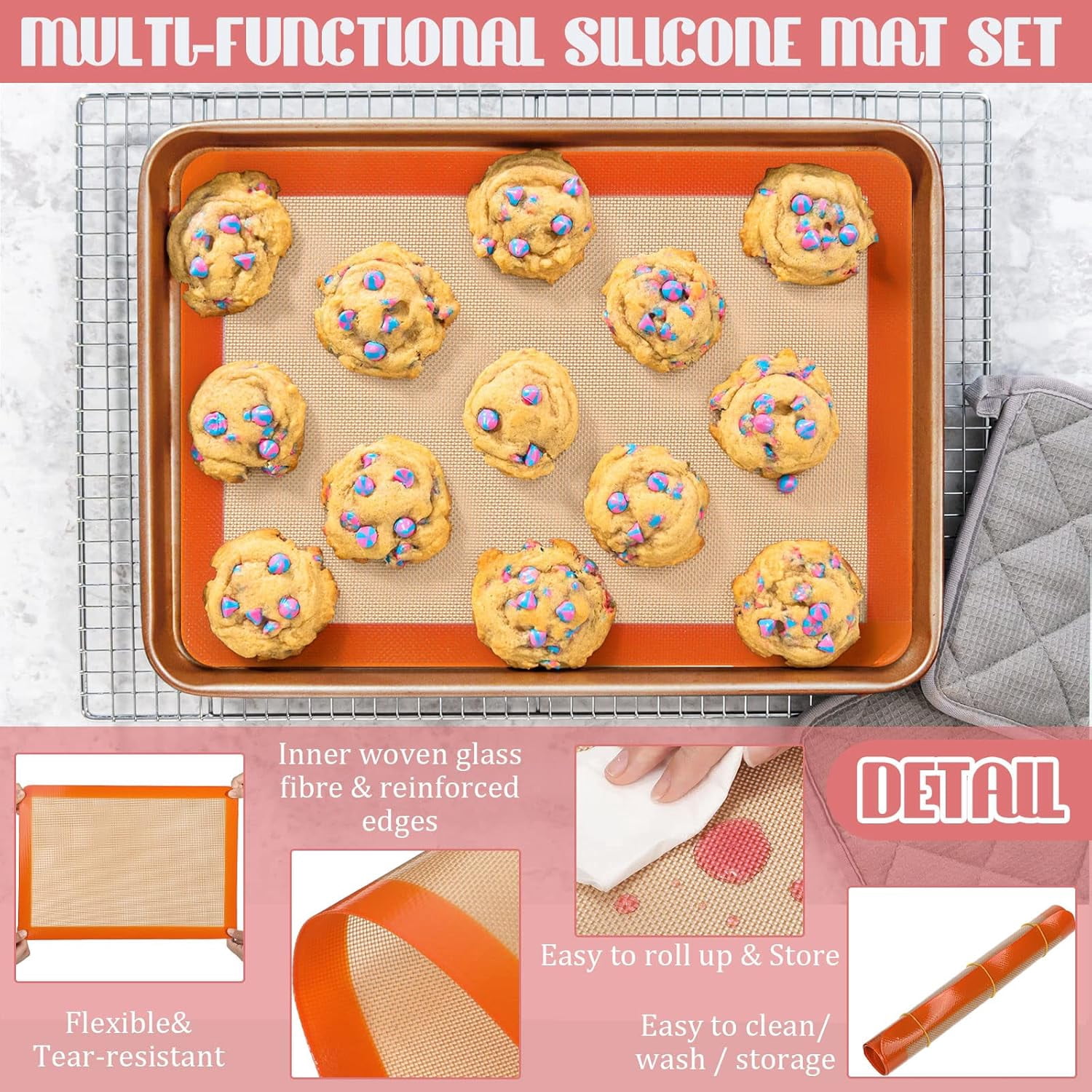 8 Pieces Silicone Baking Mat Non-stick Silicone Baking Half Sheet 16.5'' x 11.6'' Silicones Cookie Sheet Easy Clean Oven Cookie Liner for Oven Making, Macaroon, Bread Pastry(Multi Color)