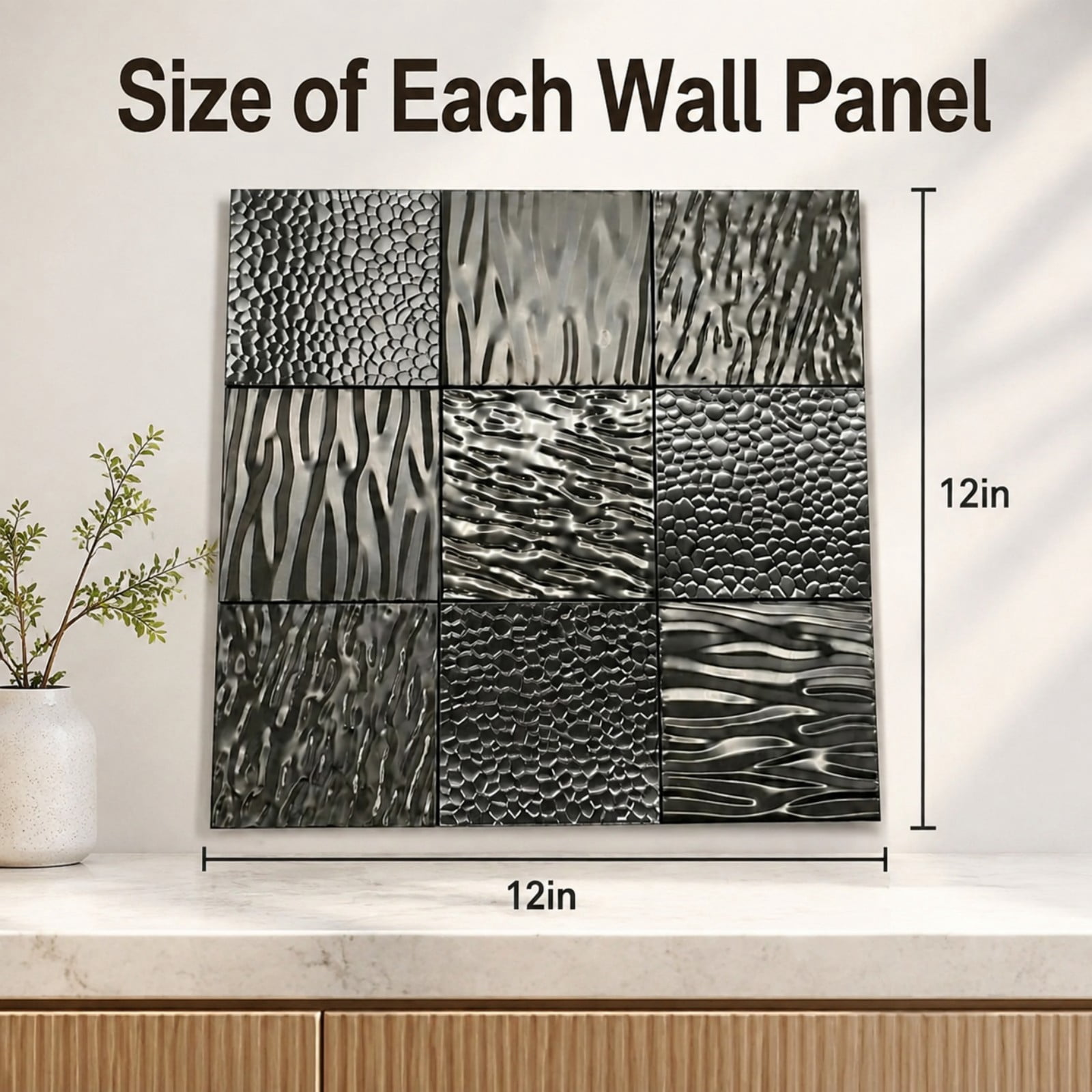 BEAUTYPEAK 5PCS 12"x 12" Textured 3D Metal Wall Panels for Interior Decor, Silver