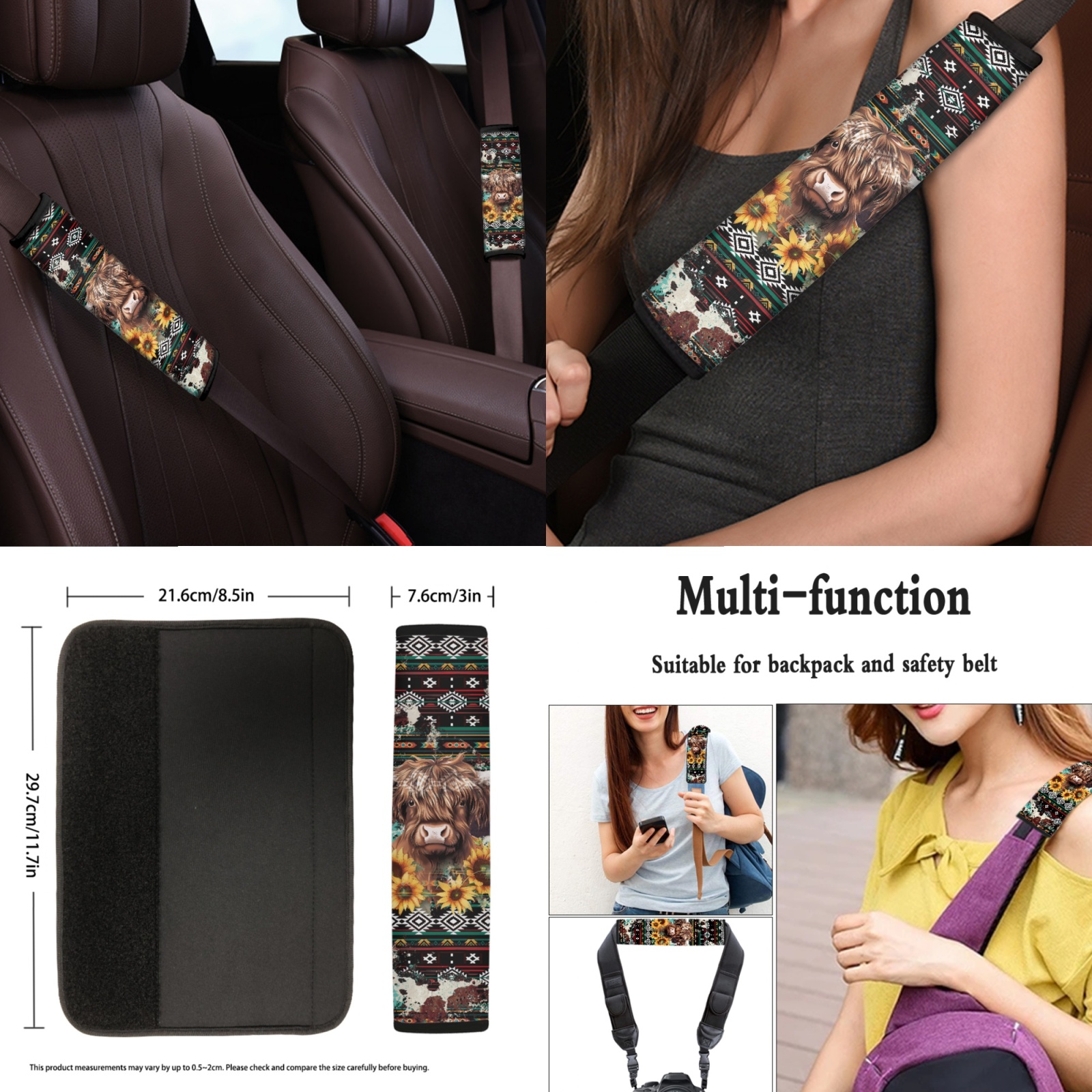 Renewold American Tribal Highland Cow Sunflower 11 Pieces Car Accessories, Non-Slip Front Rear Car Seat Covers, Steering Wheel Cover Seat Belt Pad Coasters Key Chain Universal Fit for Most Cars